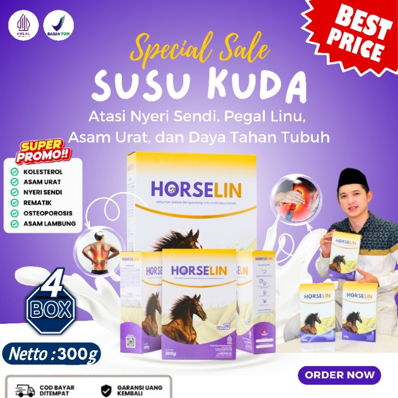 

Paket 4 BOX HORSELIN Susu Kuda Liar Premium Asli Sumbawa Atasi Persendian Tulang Otot Original 300gr