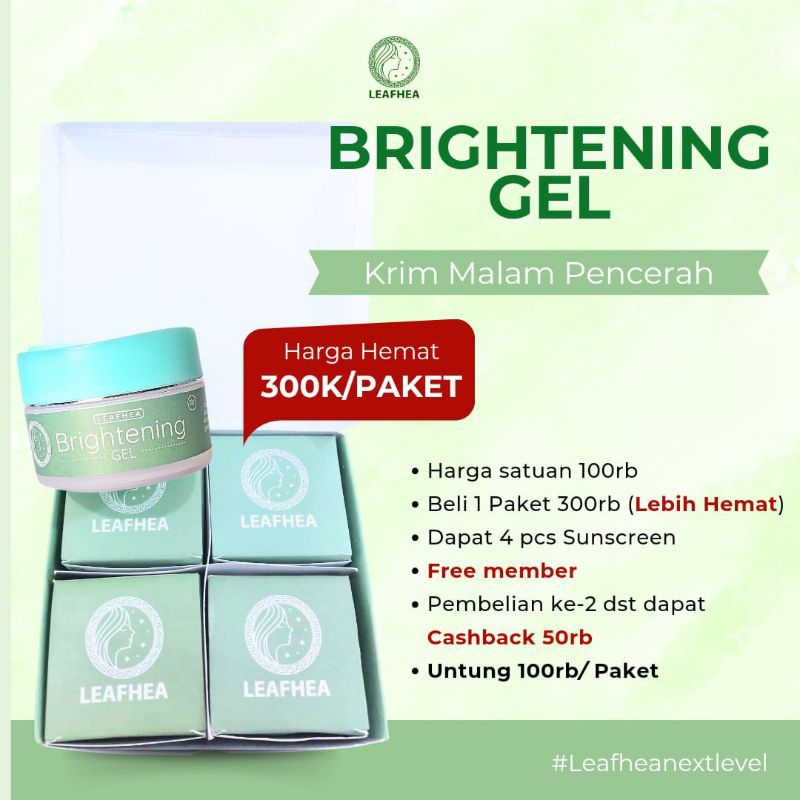 brightening gel leafhea skincare, cream malam, untuk mencerahkan wajah, dan menunda penuaan dini