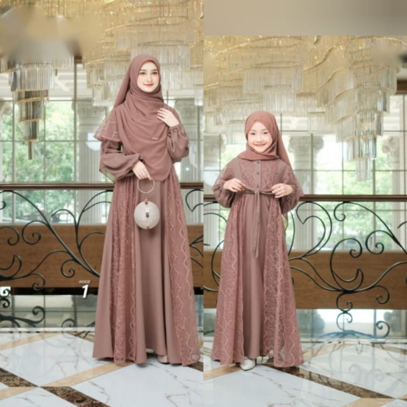 Batari Dress Couple Ibu Dan Anak Bahan Ceruty Babydoll Mix Brukat Mewah Elegant Baju Gamis Muslimah 
