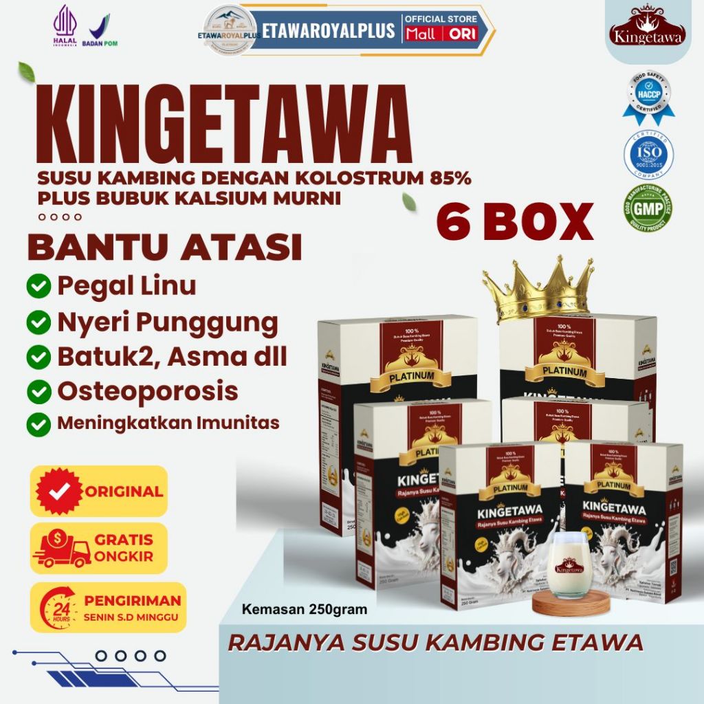 

Kingetawa Platinum Susu Etawa High Calcium Grade A Cegah Osteoporosis BPOM & Halal - 6 BOX