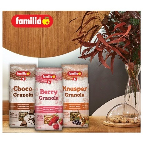 

Camilan Makanan Sehat / Healthy Food Import Swiss Familia Granola 500 Gr Varian Choco, Berry, Original Swiss Muesli, Organic 375 Gr