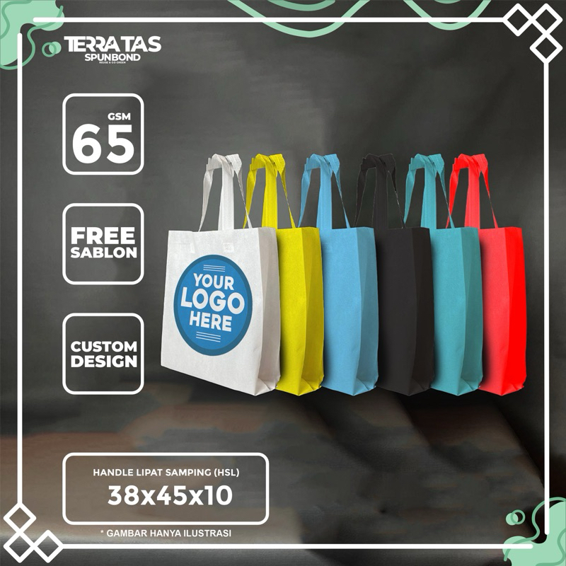 

Custom Sablon 65 GSM 38x45x10 Kantong Belanja Souvernir Goodie Bag Kain Spunbond Hampers Handle Lipat Samping