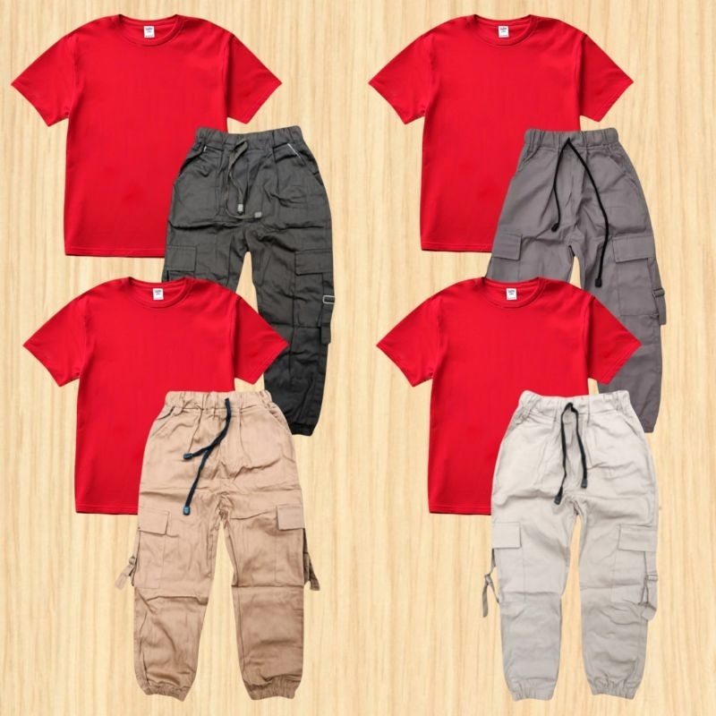 Baju setelan anak perempuan kaos polos merah dan joger cargo usia 1-13 tahun