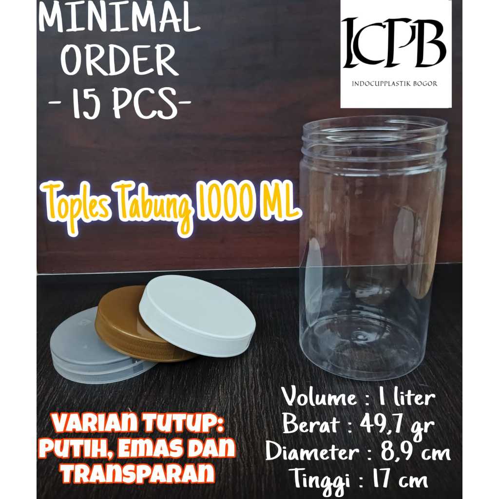 Toples Tabung 1 Liter /Jar Plastik / Toples Snack Kue 1000 ml + Tutup Transparant, Putih dan Gold