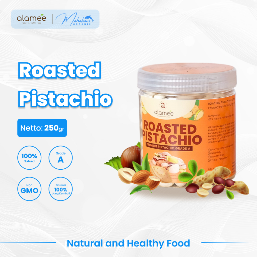 

ALAMEE Kacang Pistachio Roasted 250gr Premium Panggang Fustuk Dalam Cangkang Renyah Organik