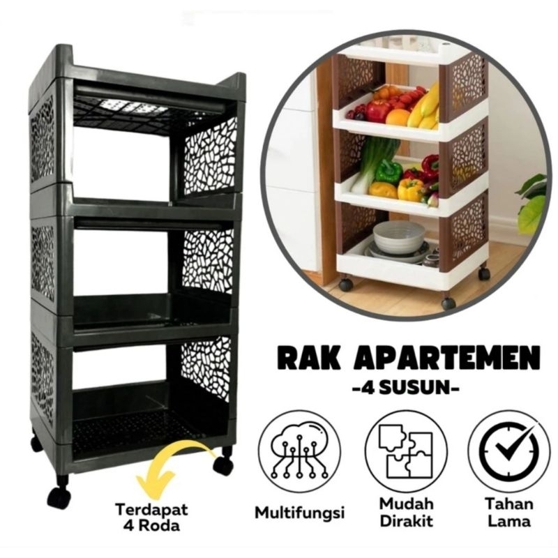 RAK APARTEMEN 4 SUSUN HITAM + RODA / RAK PLASTIK 4 SUSUN SERBAGUNA / RAK YOYO