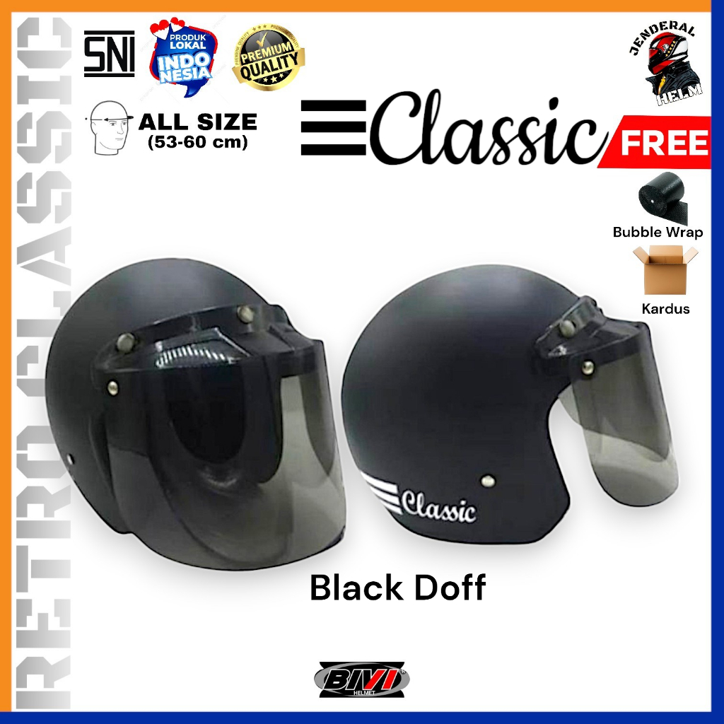 Helm Bogo Retro Classic Hitam Doff + Kaca BIVI Bogo Retro Classic Jenderal Helm