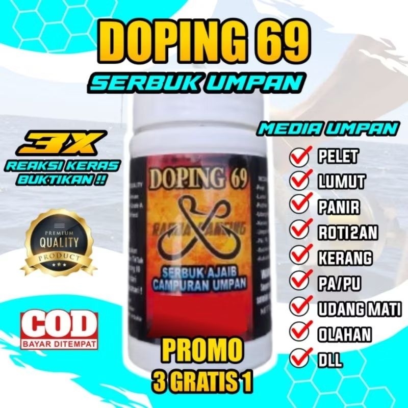 DOPING 69 Serbuk Ajaib perangsang Umpan Lumut, Pelet, Galatama (Nila, Bawal, Patin, Tombro, Ikan Mas