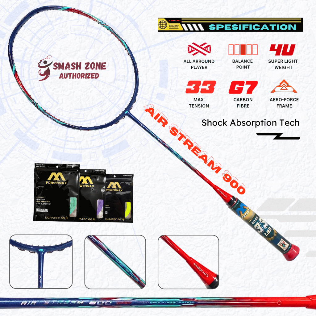 RAKET BADMINTON POWER MAX AIR STREAM 900 ORIGINAL 33 LBS 4U RAKET SMASH BULU TANGKIS PROFESIONAL