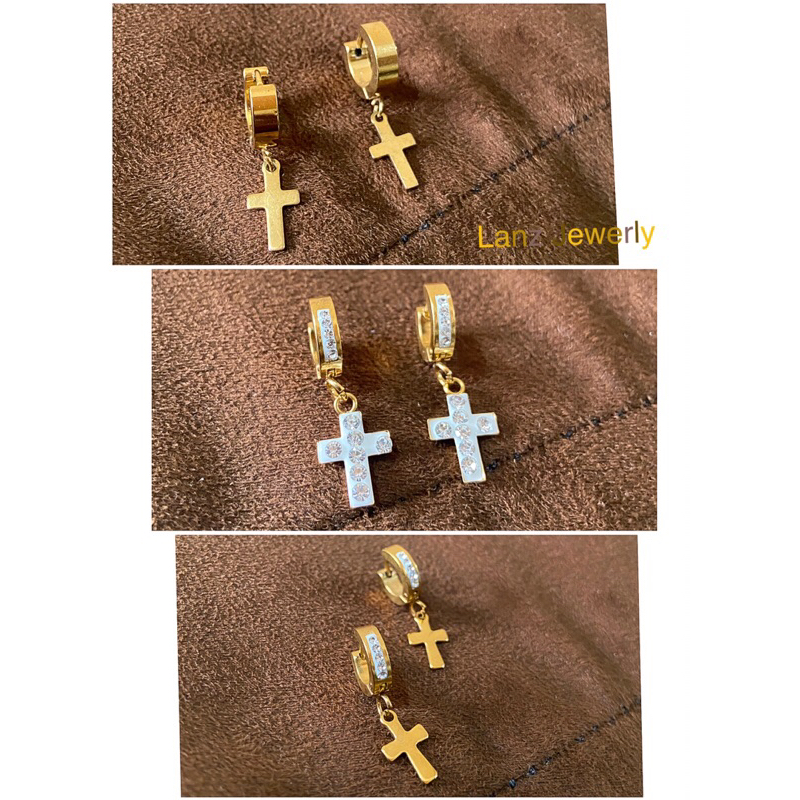 Anting Salib Clip Panjang Titanium Stainless Steal Emas 24K