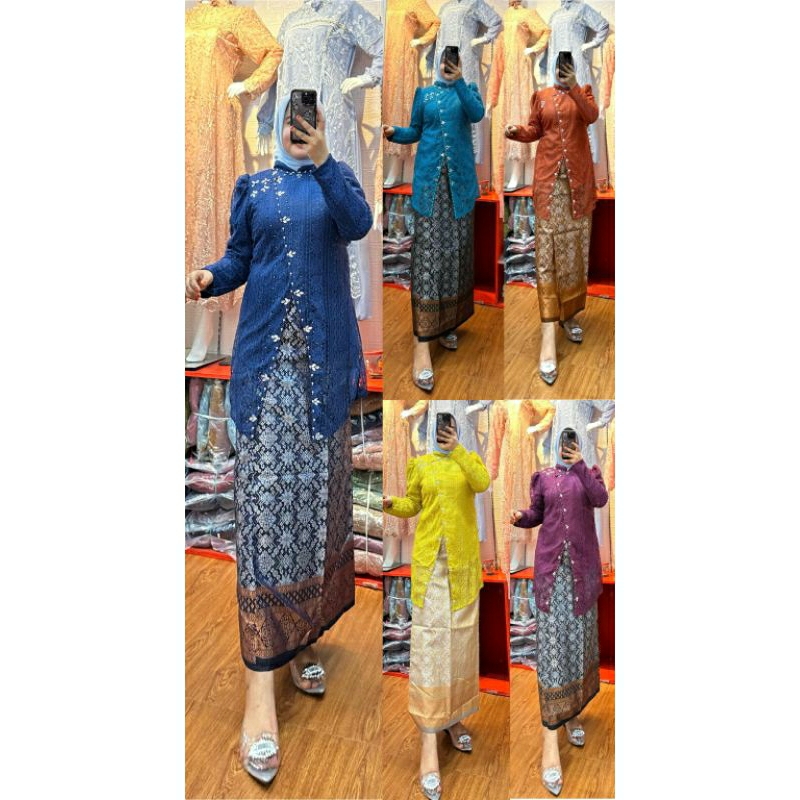 Setelan brokat mutiara rok plisket premium