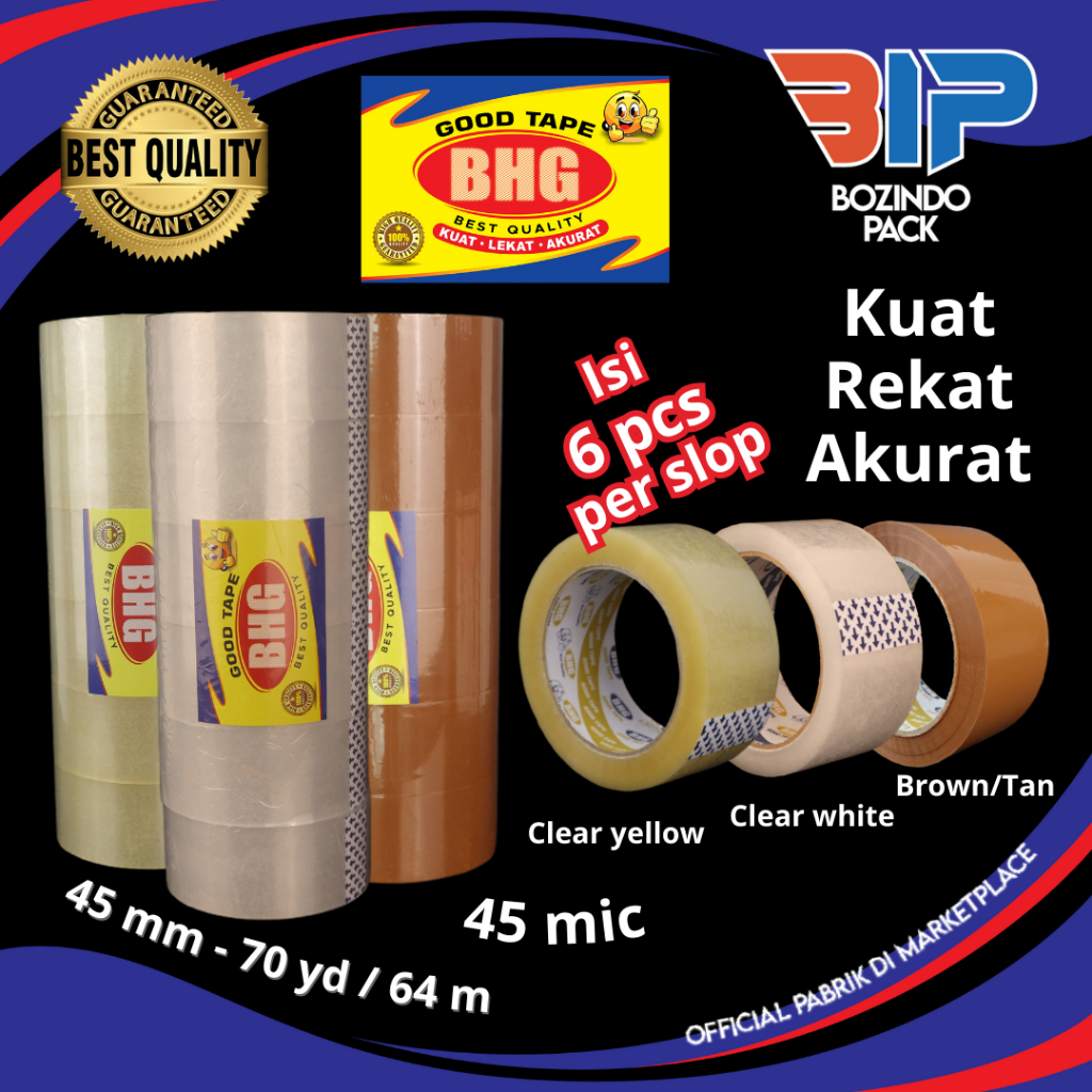 

Lakban BHG Good Tape OPP 70 Yard 45 Mic 1 Slop 6 Pcs Lakban Bening Clear White Yellow Kuning Coklat Brown Tan 45 mm x 70 Yard 64M FULL