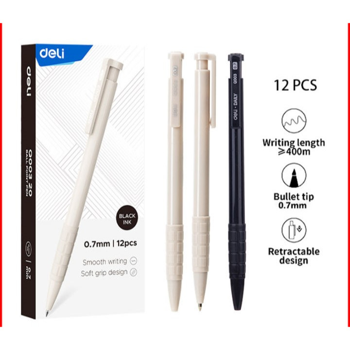 

Pulpen Tekan Cetrek Pen DELI EQ00320 ( 0.7 mm ) Ballpoint Rectract Body Putih Polos