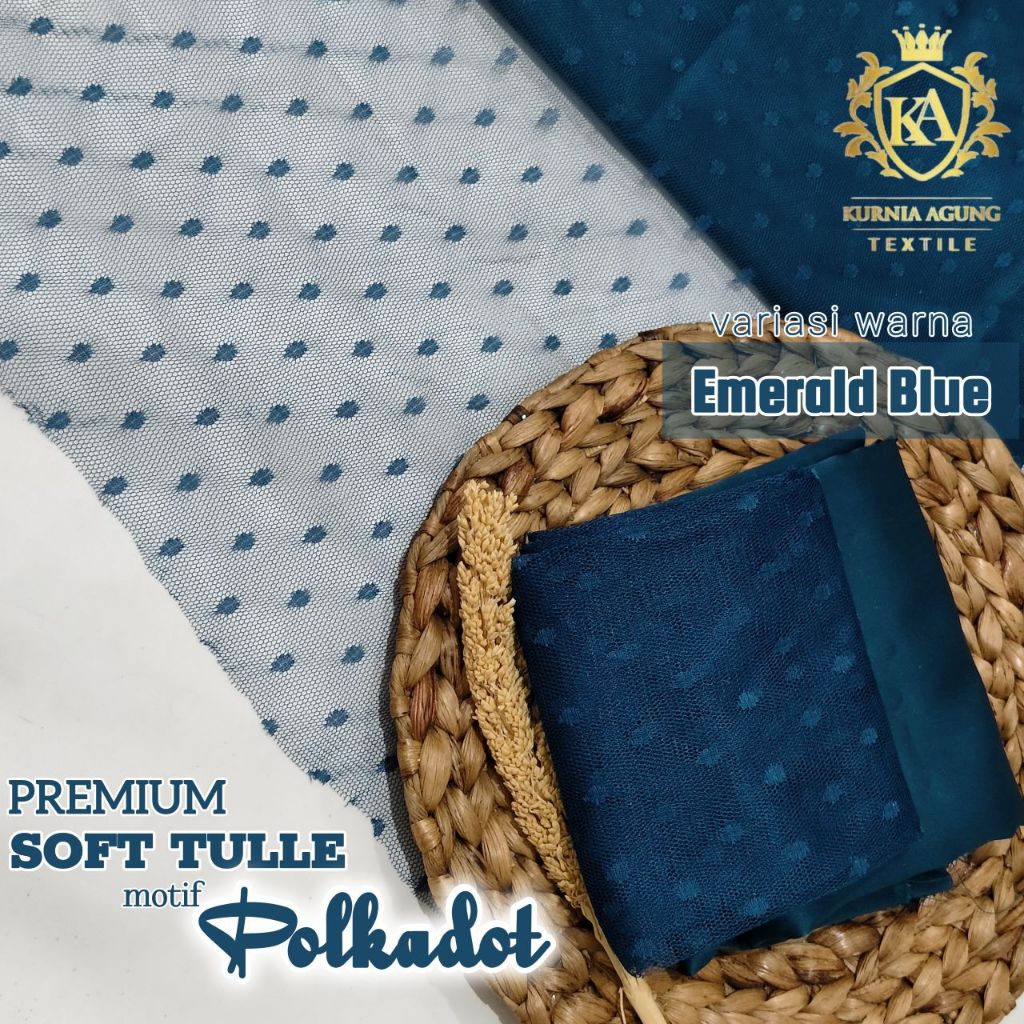 Kain Tile Dot Soft Tulle Motif Bintik Dot warna EMERALD BLUE Tulle Lembut Bahan Dress Gamis Anak Pre