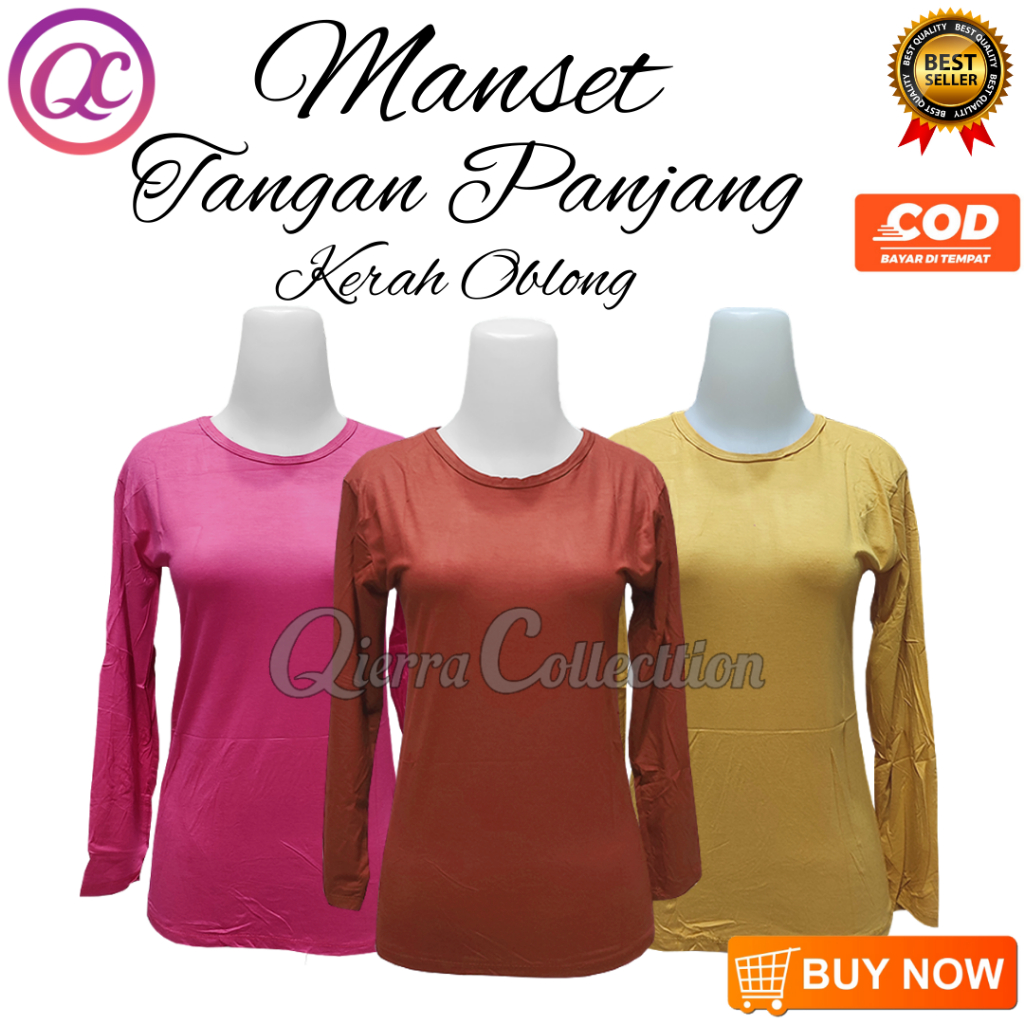 Manset Tangan Panjang Oblong Baju Wanita Kerah O Neck Bahan Rayon Premium Leher Polos Dalaman Peremp