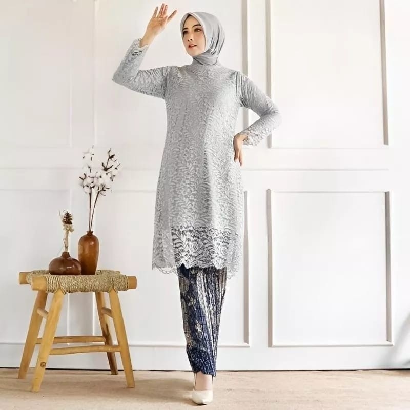 Setelan Kebaya Modern Longcape Brokat / Tunik Brukat Silver Dan Pilihan Warna Lain