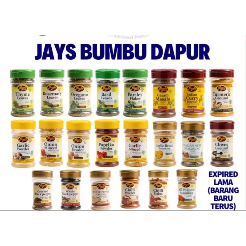 

Jays bumbu dapur, lada hitam, lada putih, chilli powder, onion powder, garlic powder, thyme, oregano, rosemary