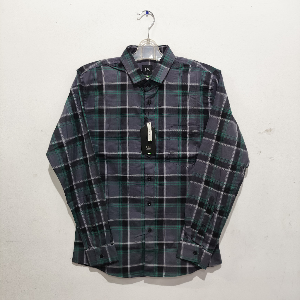 U8 Kemeja Casual Pria Kotak-kotak Abu Slim Fit SHEFFIELD 0824