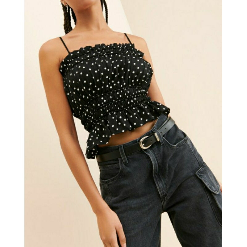 TANKTOP CROP TOP POLKADOT SMOCKED VEST HITAM KOREA