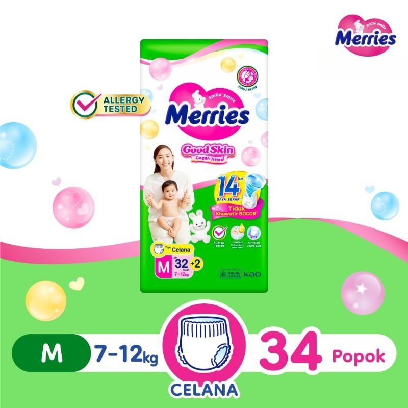 Pampers Merries Good Skin ukuran M isi 34, popok celana