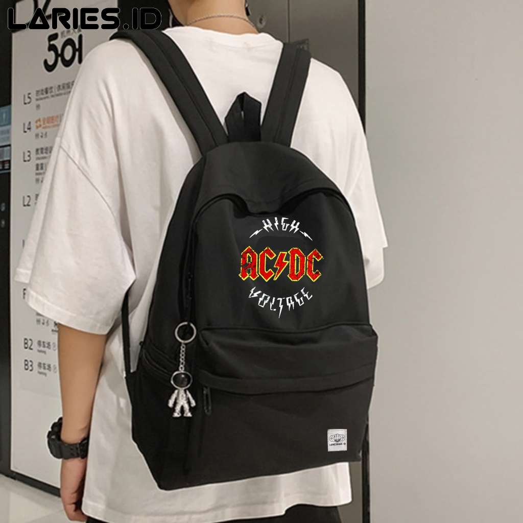 LARIES CO ACDC Tas Ransel Pria Canvas Band Rock Kantong Gendongan Backpack Cowo Cewe