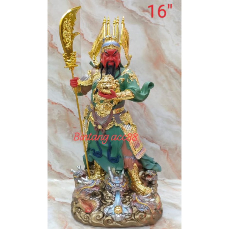 patung dewa kwan kung/ kwan kong / kwan te - 16inch - fiber - 5 bendera - naga - gentong