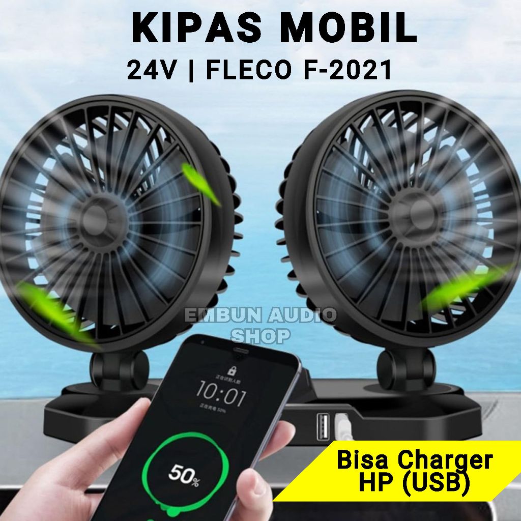Kipas Mobil + 2 Port USB untuk Charger HP Kipas FLECO F-2021 | 24V Kipas Angin Mobil USB 2 Kipas + 2