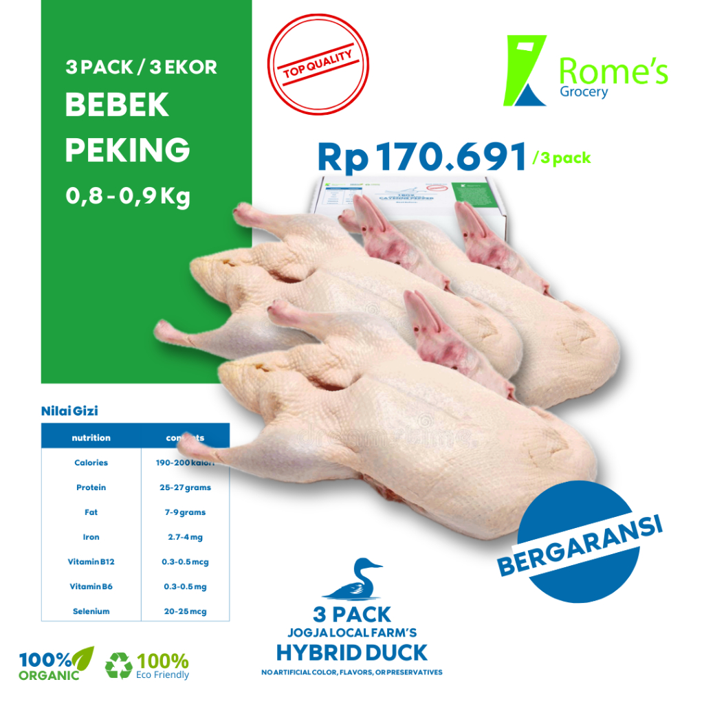 

Bebek Peking Utuh | 3 Pack/3 Ekor | 0,8 - 0,9 Kg | Fresh&Organik I Bergaransi I Romes Grocery