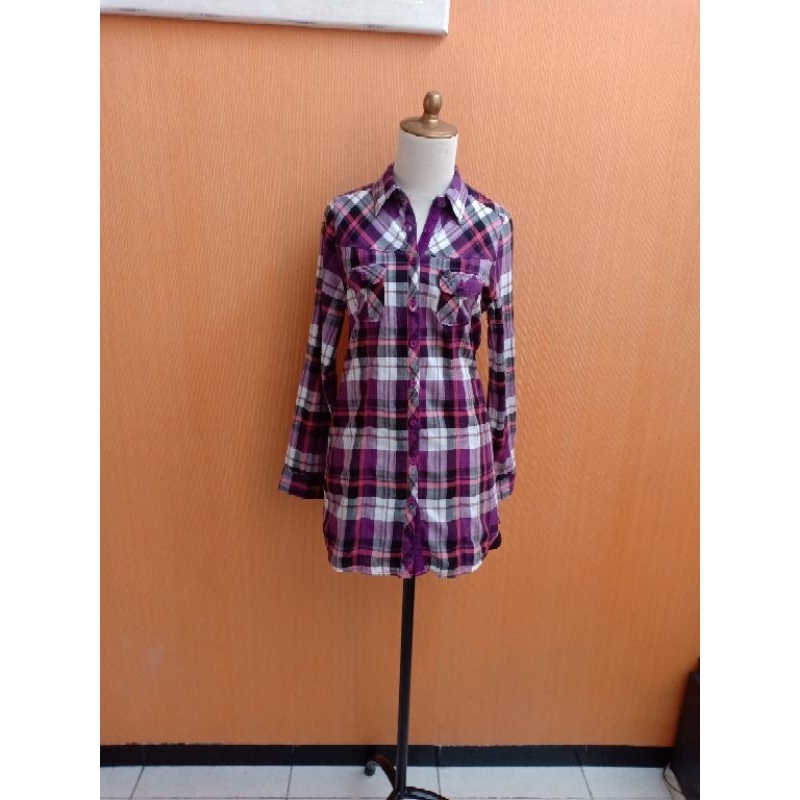 atasan kemeja wanita ungu putih motif kotak hitam TRISET cewek M lengan panjang MEWAH bisa jadi tuni