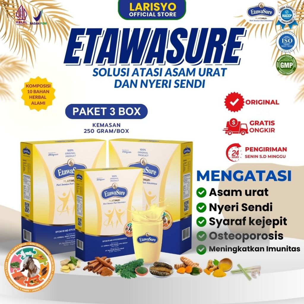 

Etawasure Platinum Susu Kambing Etawa Untuk Rematik, Tulang dan Sendi Rasa Jahe Kemasan 250gr Paket 3 Box