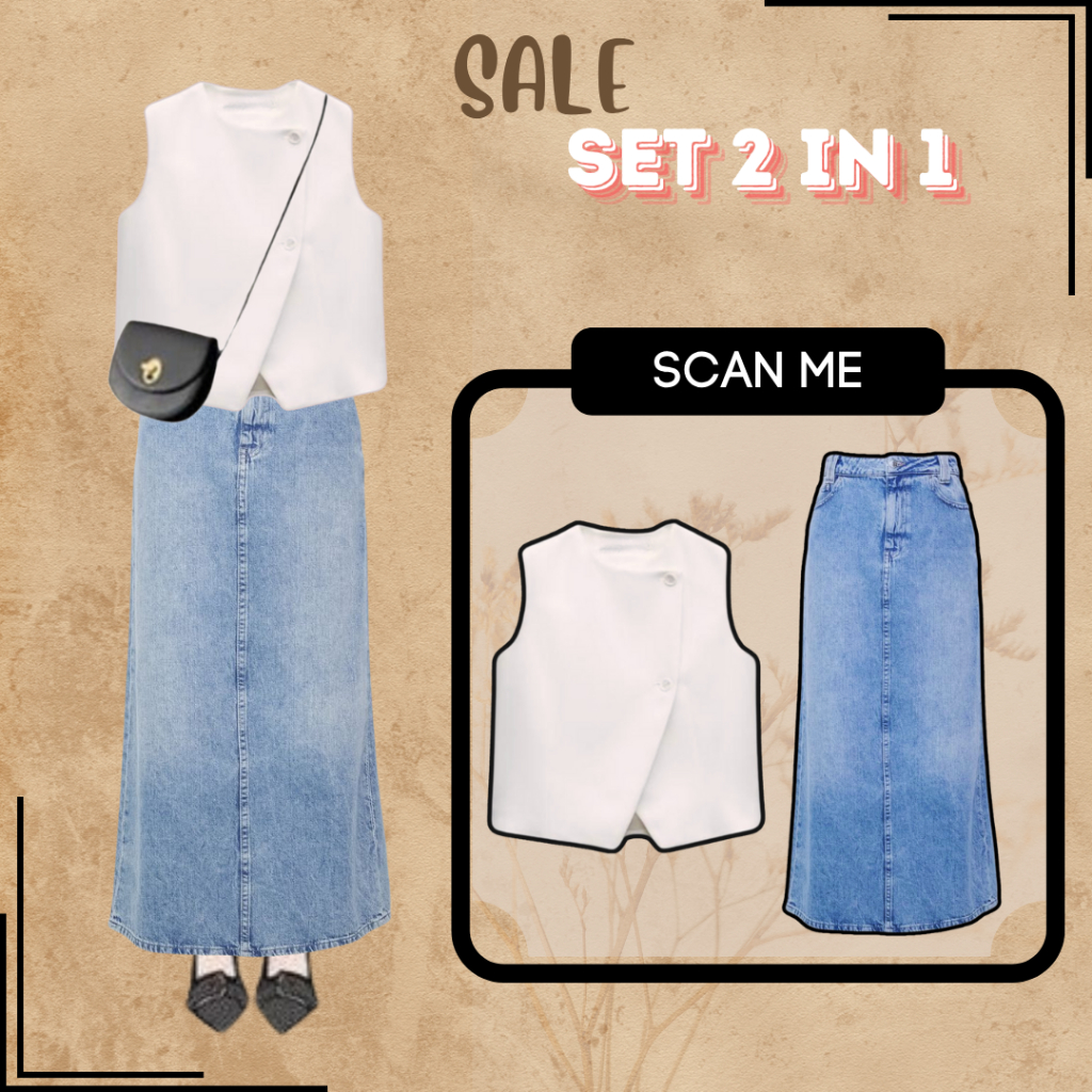❤ Outfit Korean Style  Rok Jeans Span & Vest Linen Katun Stylish | Ootd Remaja Terkini Bahan Premium