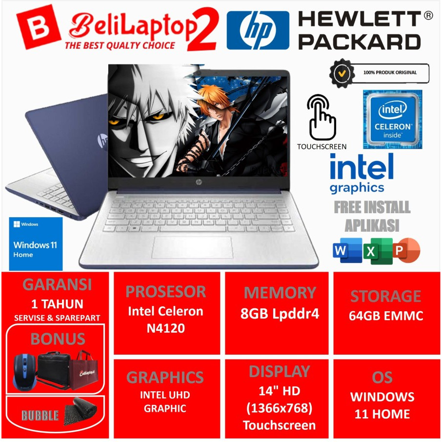 Beli Sekarang Laptop HP 14" Touchscreen, Intel N4120, 16GB/256GB