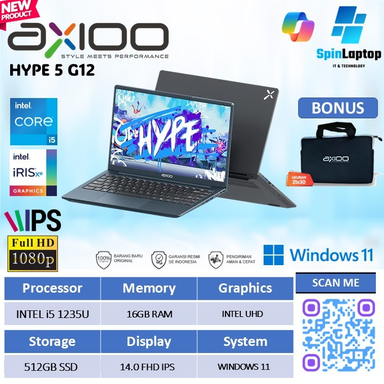 Laptop Axioo hype 5 G12 i5 1235u Ram 16GB ssd 512GB layar 14 inch Baru resmi