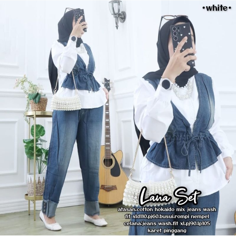 Baju Setelan Wanita Muslim Lana Set Celana Jeans Polos Atasan Cotton Rompi Cantik Fashion Perempuan 