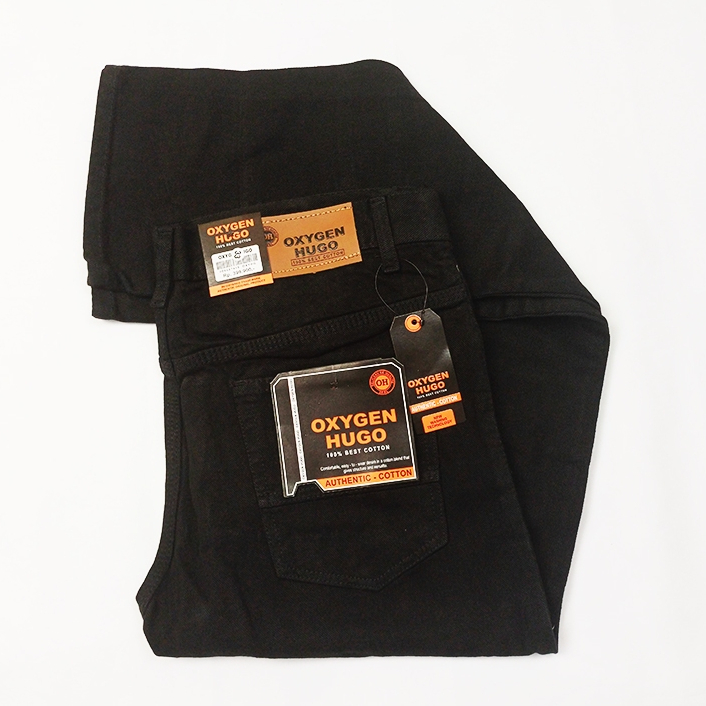 Celana Panjang Pria Basic Oxygen Hugo Standar Fit 100% Jeans Denim Warna Retro Black