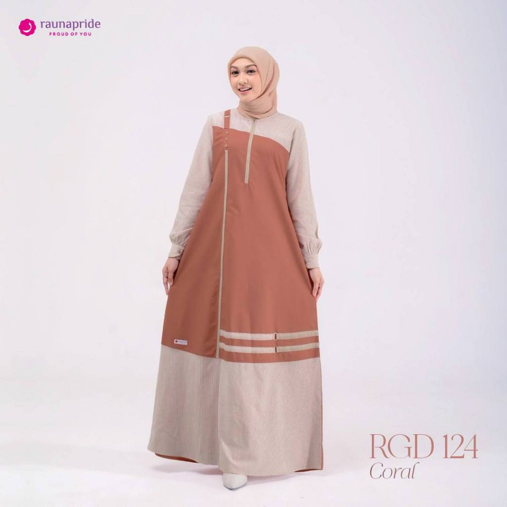 Rauna RGD 124 Dress Muslim Katun Mecca Stripe Warna Coral Polos Motif Garis Variasi Saku Kanan NEW