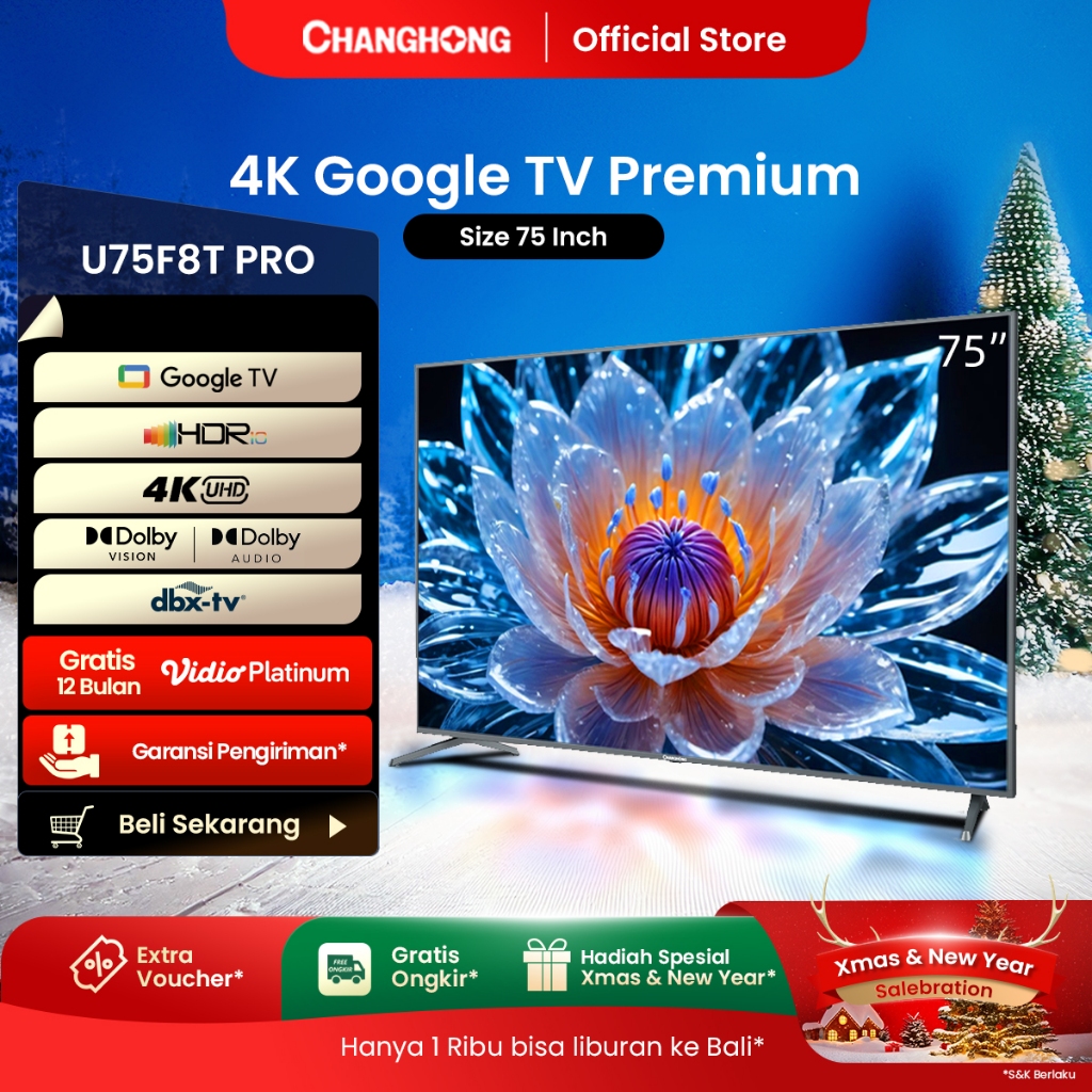 Google TV Changhong 75 Inch 4K  UHD Smart Digital LED TV-Google Assistant-UHD-Wifi-Netflix (Model: U