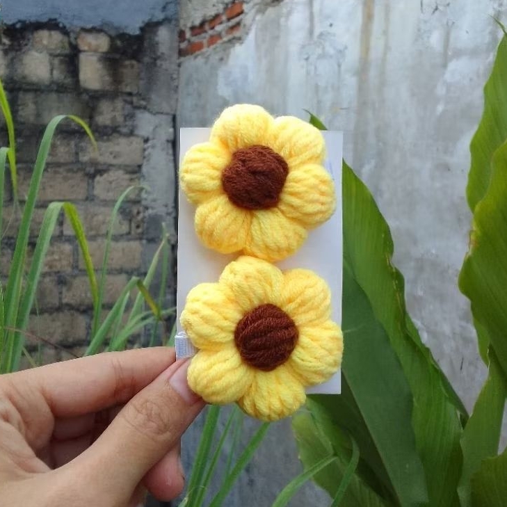 Jepitan Rambut Bunga Matahari Puff Rajut / Jepitan Pin Rambut Pita Rajutan / Jepitan Rambut Rajutan 