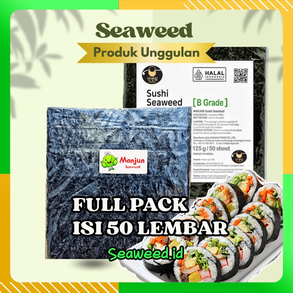 

MANJUN FULL PACK ISI 50 LEMBAR Rumput Laut Seaweed Sushi Nori Halal MUI Kimbap Sushi HALAL