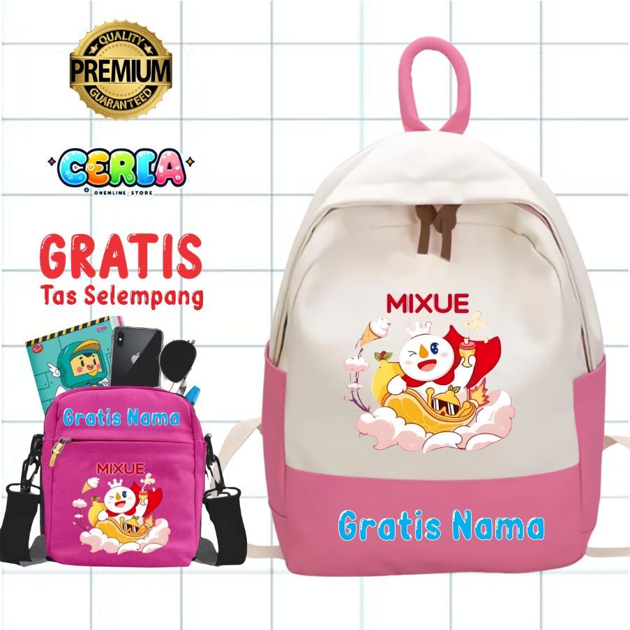 Tas Ransel Sekolah Backpack Anak Tk Sd Tas Maskot Mixue EsKrim Gratis Tas Selempang Free Custom Nama