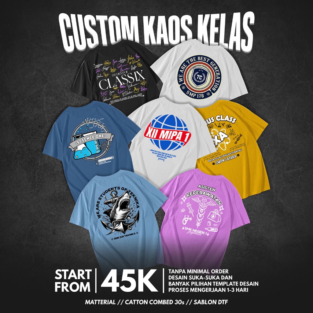 Kaos Kelas SMP SMA Sablon Custom Desain dan Nama Tulisan Bebas Request