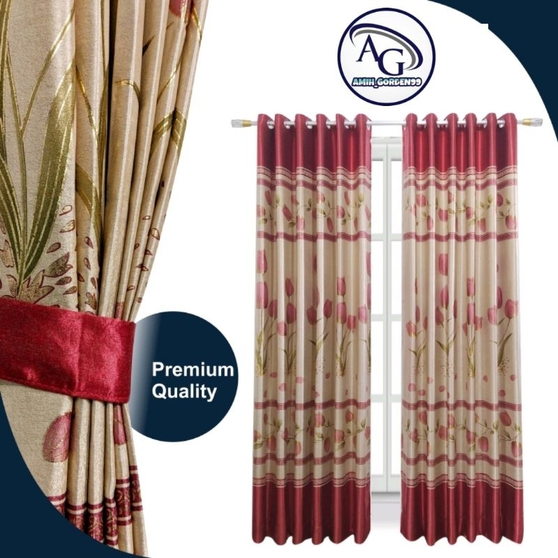 Gorden Blackout Motif Bunga Tulip Merah - Tirai Korden Smokring Silver - Hordeng Jendela Minimalis