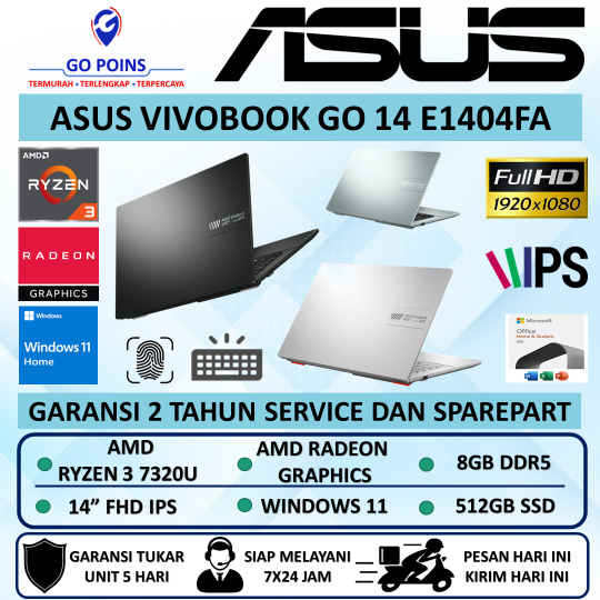LAPTOP BARU ASUS VIVOBOOK GO 14 AMD RYZEN 3 RAM 8GB 512GB SSD FHD IPS BACKLIT WINDOWS 11 ORIGINAL