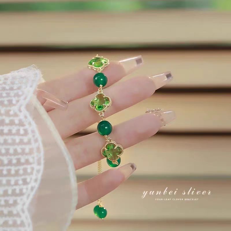 Gelang giok serut hijau bunga titanium Gelang semanggi Gelang Jasper Gelang batu akik hijau Semanggi