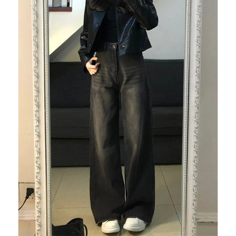 Celana Jeans Lurus Longgar Kelabu hitam Wanita highwaist kulot jeans wanita korean style Celana panj