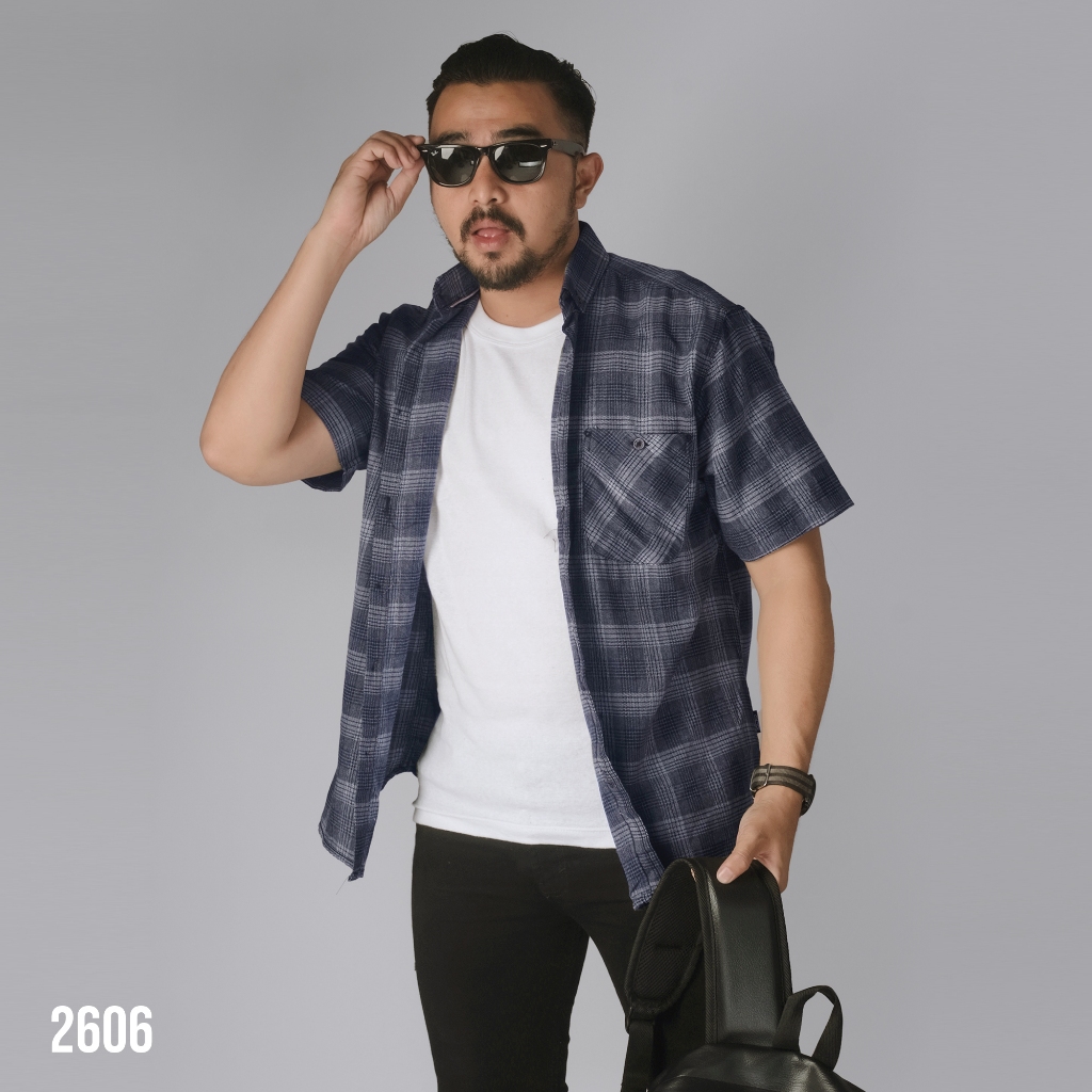 DGM Kemeja Pria Flanel Pendek Premium Kotak Kotak Kemeja Flanel Abu-abu 2606