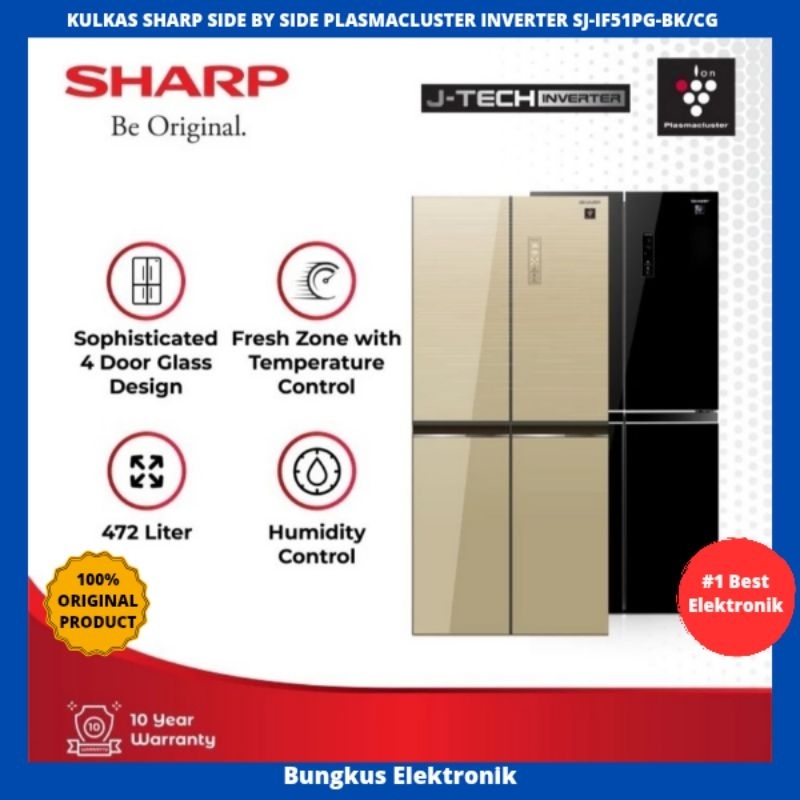 KULKAS SHARP SIDE BY SIDE 4PINTU INVERTER PLASMACLUSTER SJ-IF51PG-BK/CG KULKAS SHARP 4 PINTU