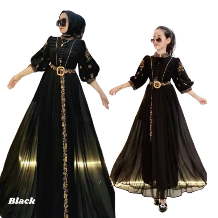 Gamis Couple Ibu dan Anak Dinda Couple BO Bahan Kain Ceruty Babydoll Full Puring Aplikasi Bordir Siz