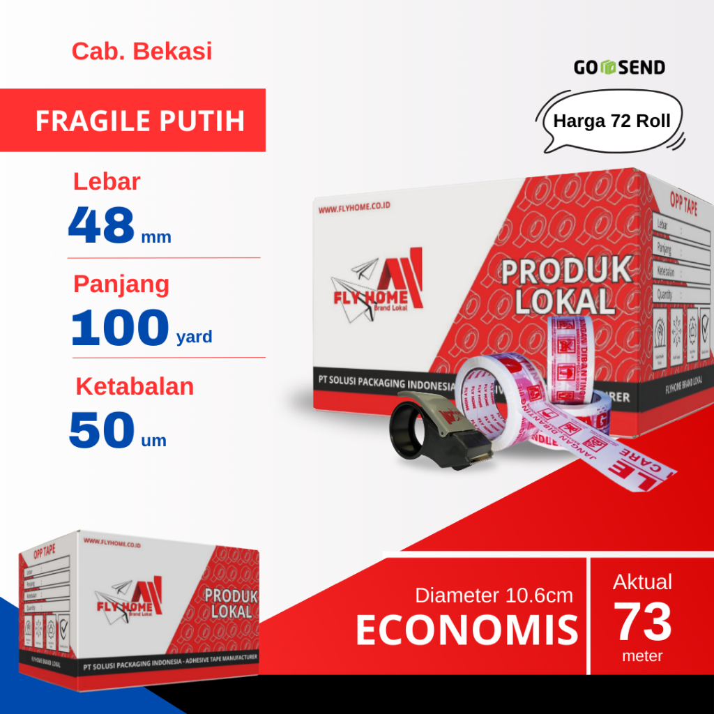 

FLYHOME 1Dus Lakban Fragile Putih 48x100Y 2inci Uk Besar 72Roll ECO 100 Yard INSTAN