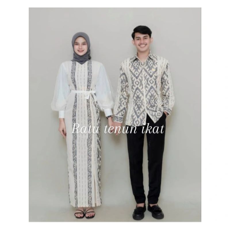 SET COUPLE MOTIF KALIMANTAN PUTIH baju tenun couple pria wanita -baju pesta couple -couple tenun -ke
